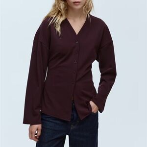 H&M eggplant/burgundy long sleeve button front cinched waist fitted cardigan